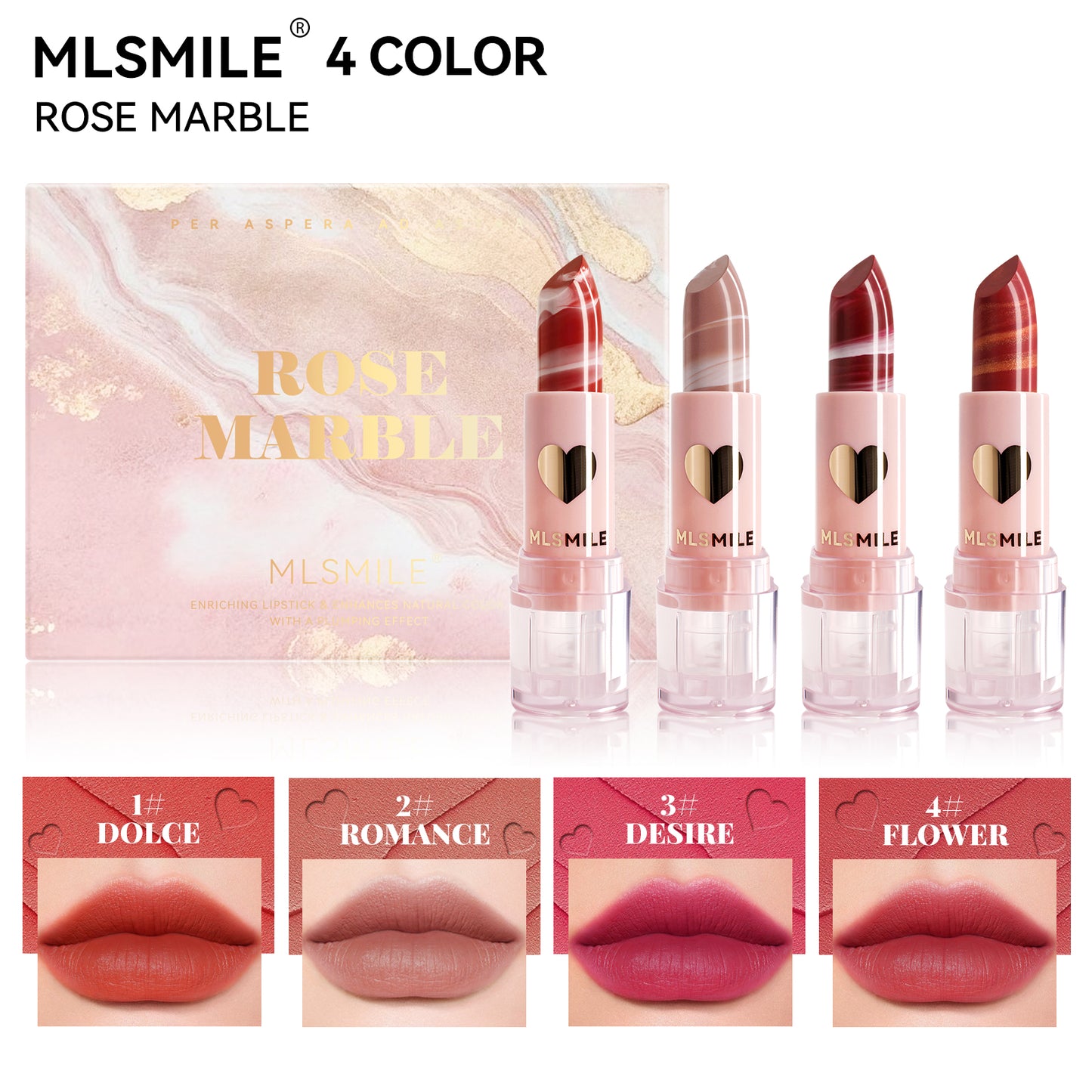 MLSMILE 4-Color Rose Marble Lipstick Set