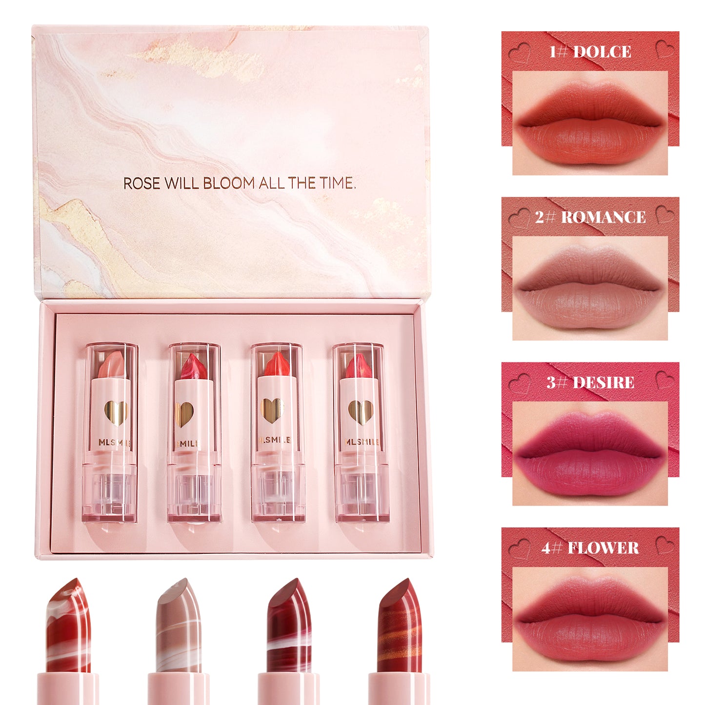 MLSMILE 4-Color Rose Marble Lipstick Set